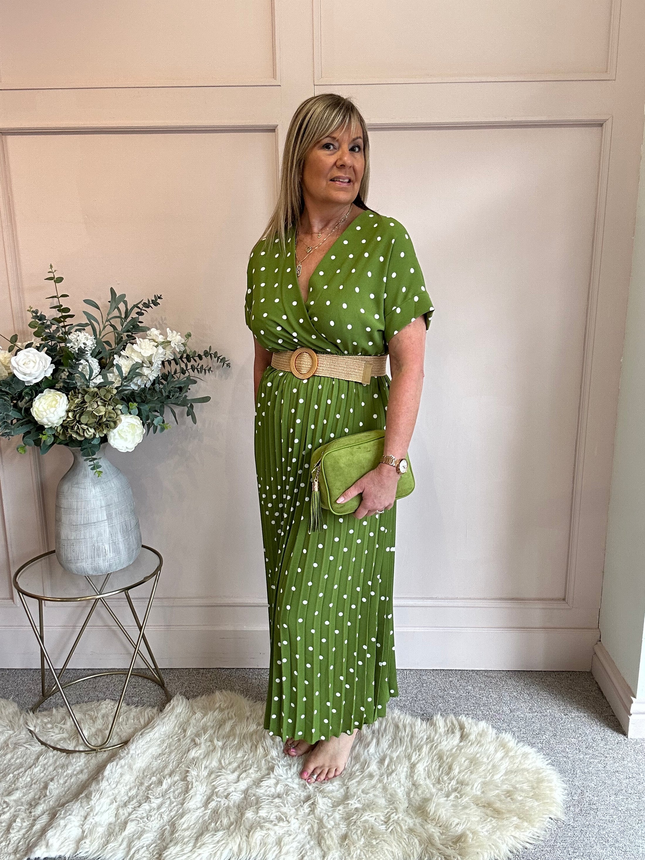 Spotty Pleated Dress- Lush Green - Wardrobe By Simone