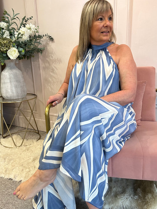 Halter Neck Maxi Dress - Powder Blue/Cream - Wardrobe By Simone