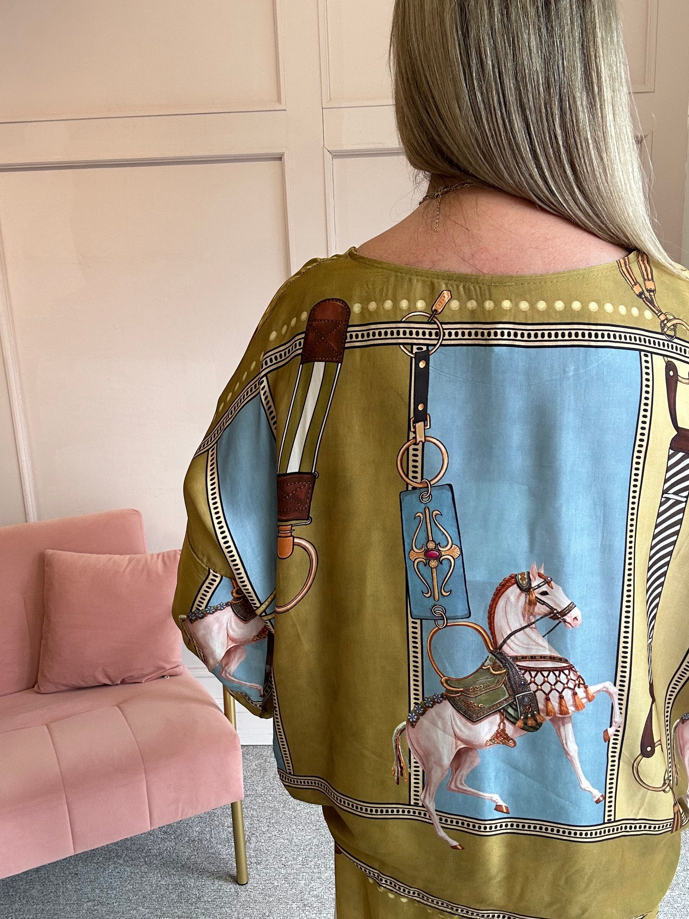 Horse & Bridle Silk Top - Mustard/Blue - Wardrobe By Simone