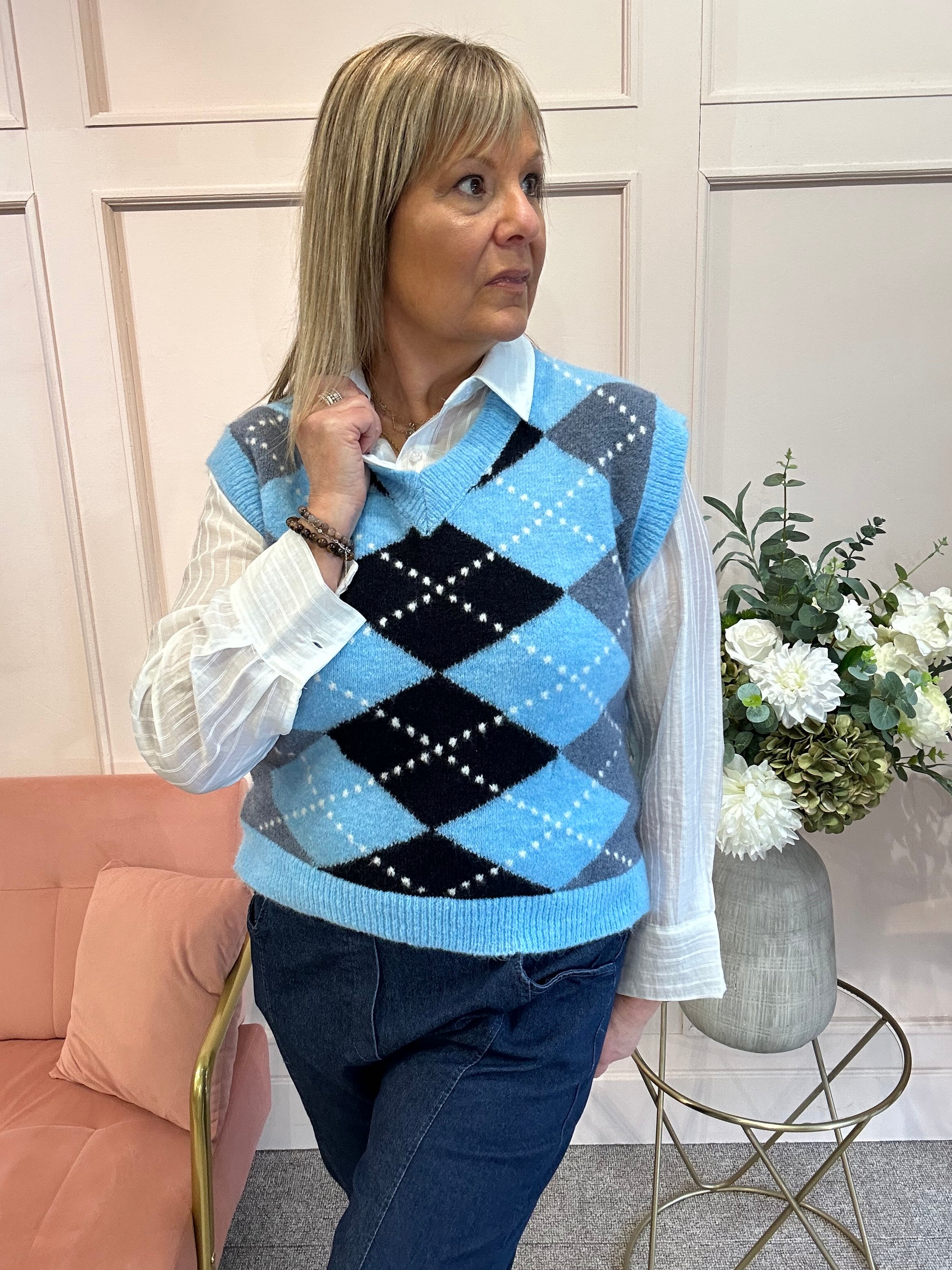 Diamond Pattern Tank Top - Blue - Wardrobe By Simone