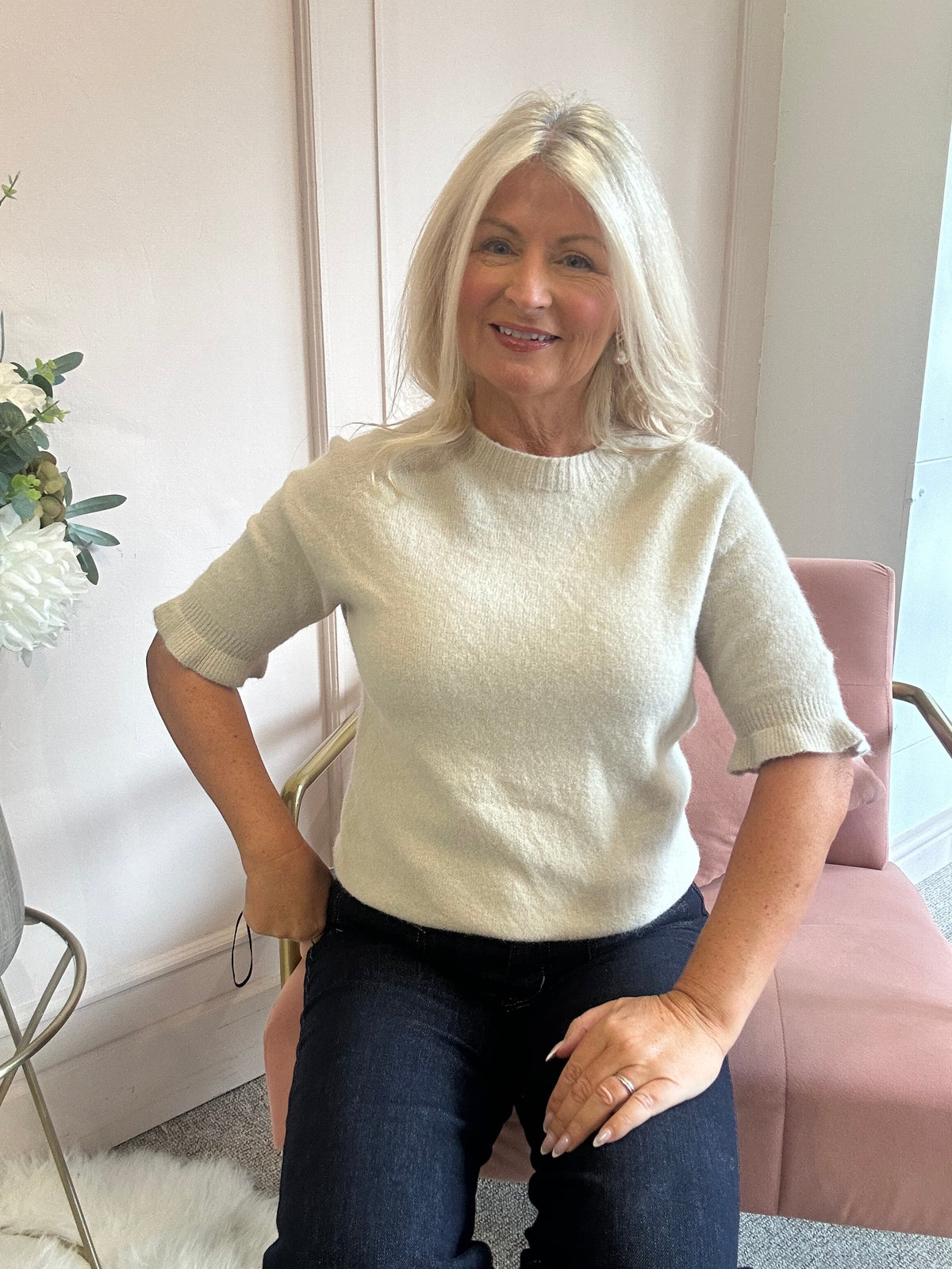 Fluted Edge Short Sleeve Jumper - Latte
