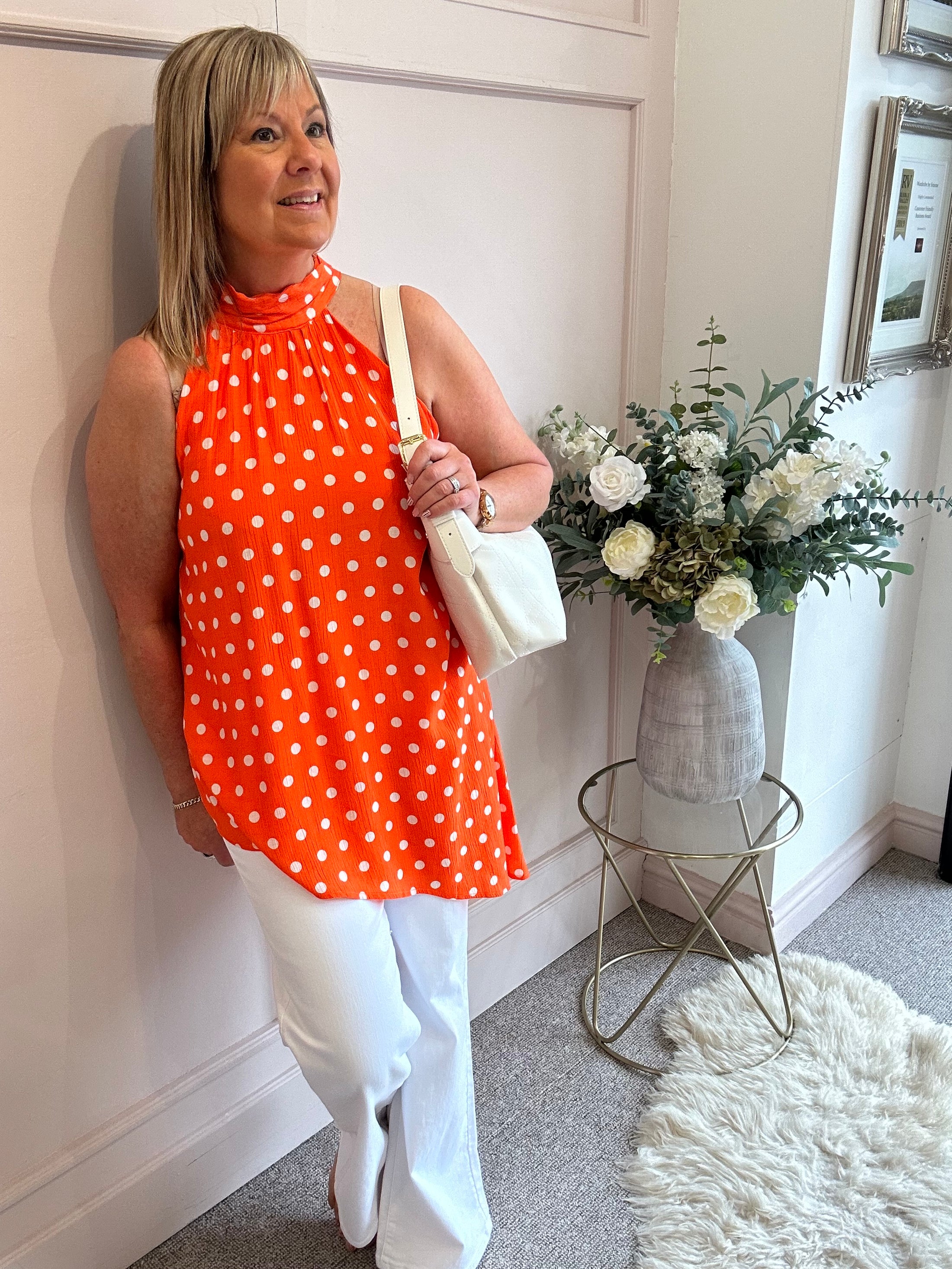 Polka Dot Halter Neck Top - Orange/White - Wardrobe By Simone
