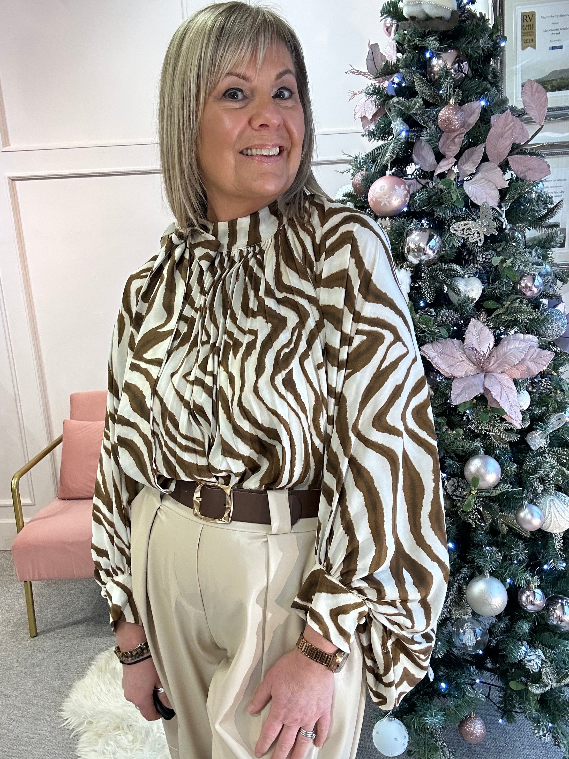 Zebra Bow Tie Blouse - Brown/Cream