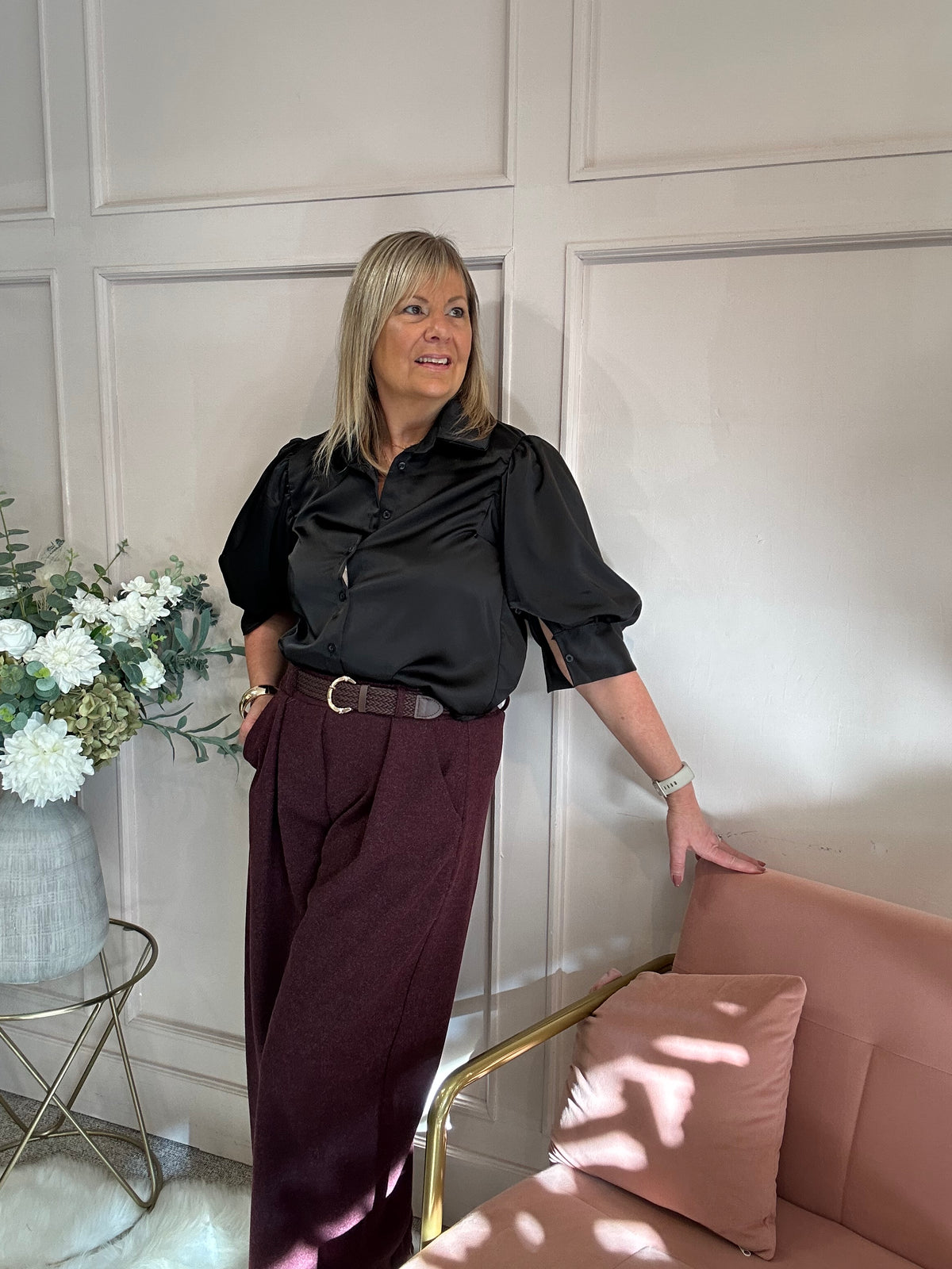 Satin Puff Sleeve Shirt - Black