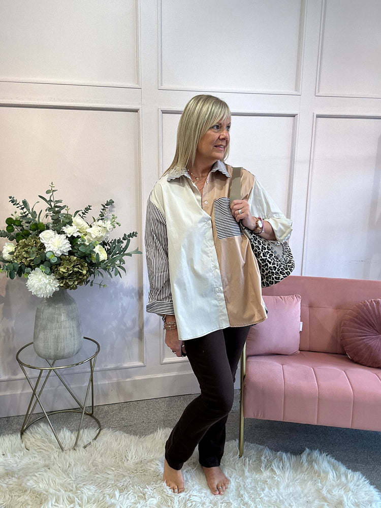 Striped & Panelled Oversized Shirt - Brown/White - Wardrobe By Simone