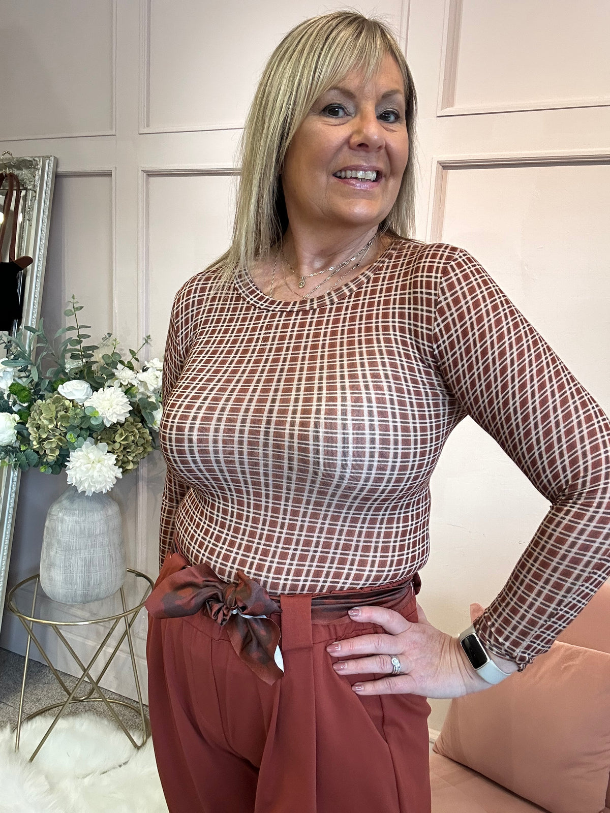 Checked Mesh Top - Terracotta/Cream - Wardrobe By Simone