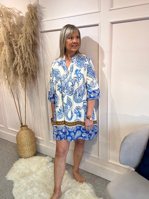 Floral Paisley Smock Tunic Dress - Blue/White - Wardrobe By Simone