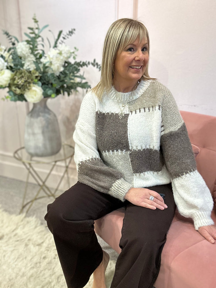 Bold Colour Block Pattern Jumper - Taupe/Cream
