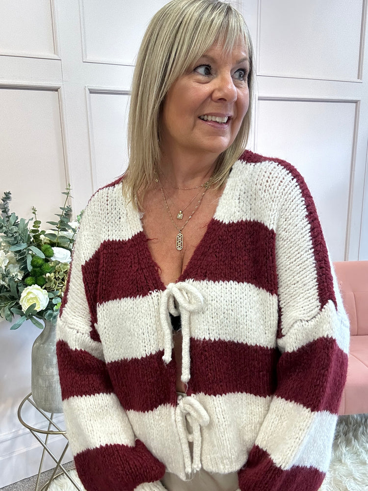 Chunky Striped Knitted Cardigan - Wine/Cream