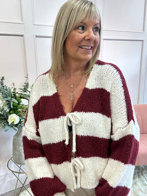 Chunky Striped Knitted Cardigan - Wine/Cream