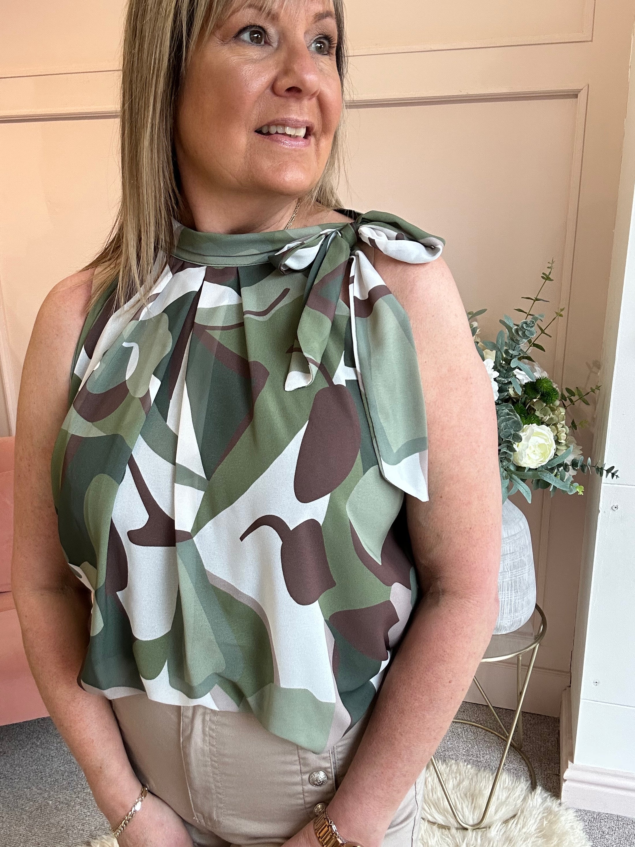 Leaf Print Bow Tie Sleeveless Top - Green/White - Wardrobe By Simone