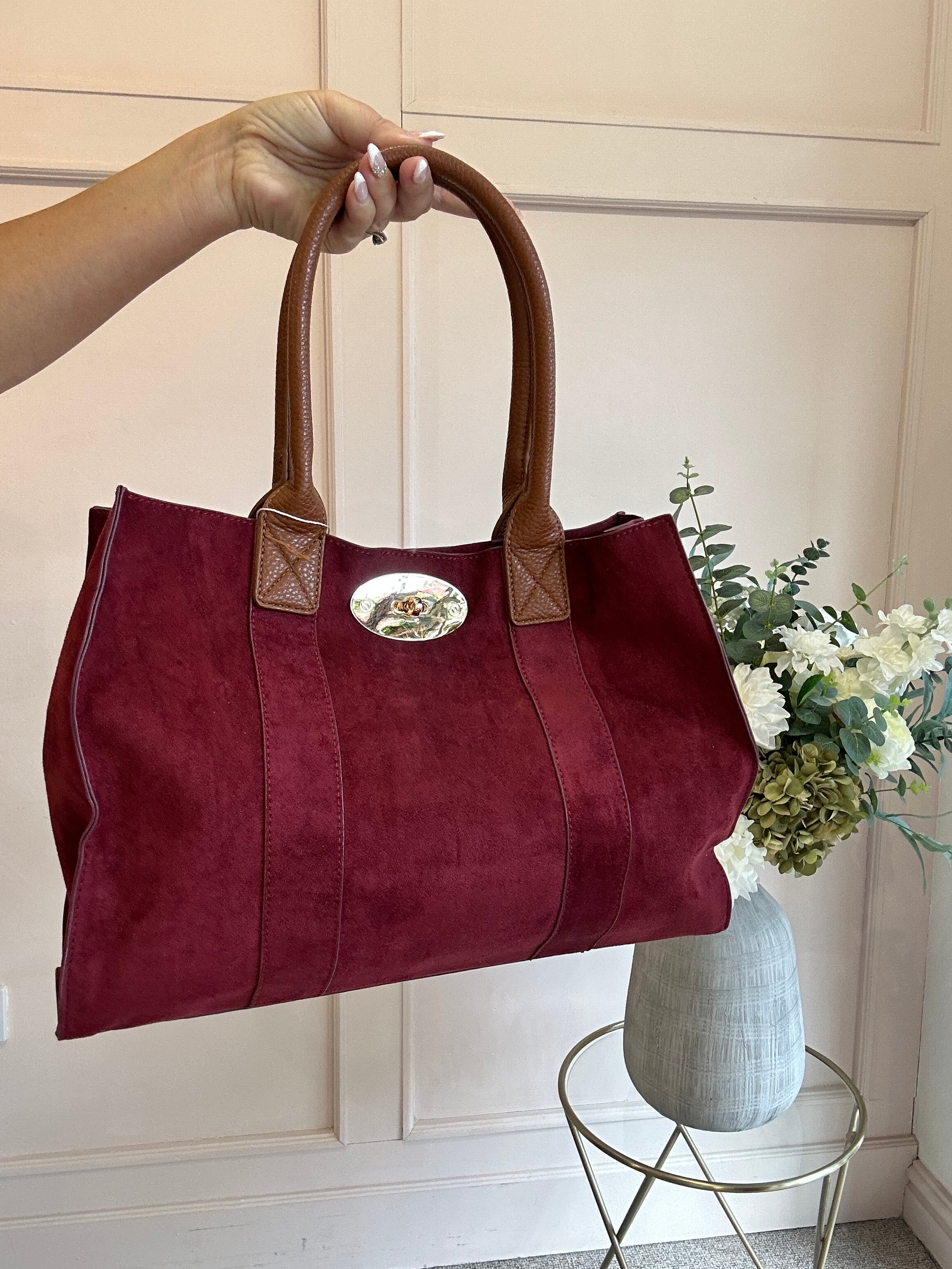 Shopper Tote Bag  - Rich Burgundy/Tan - Wardrobe By Simone