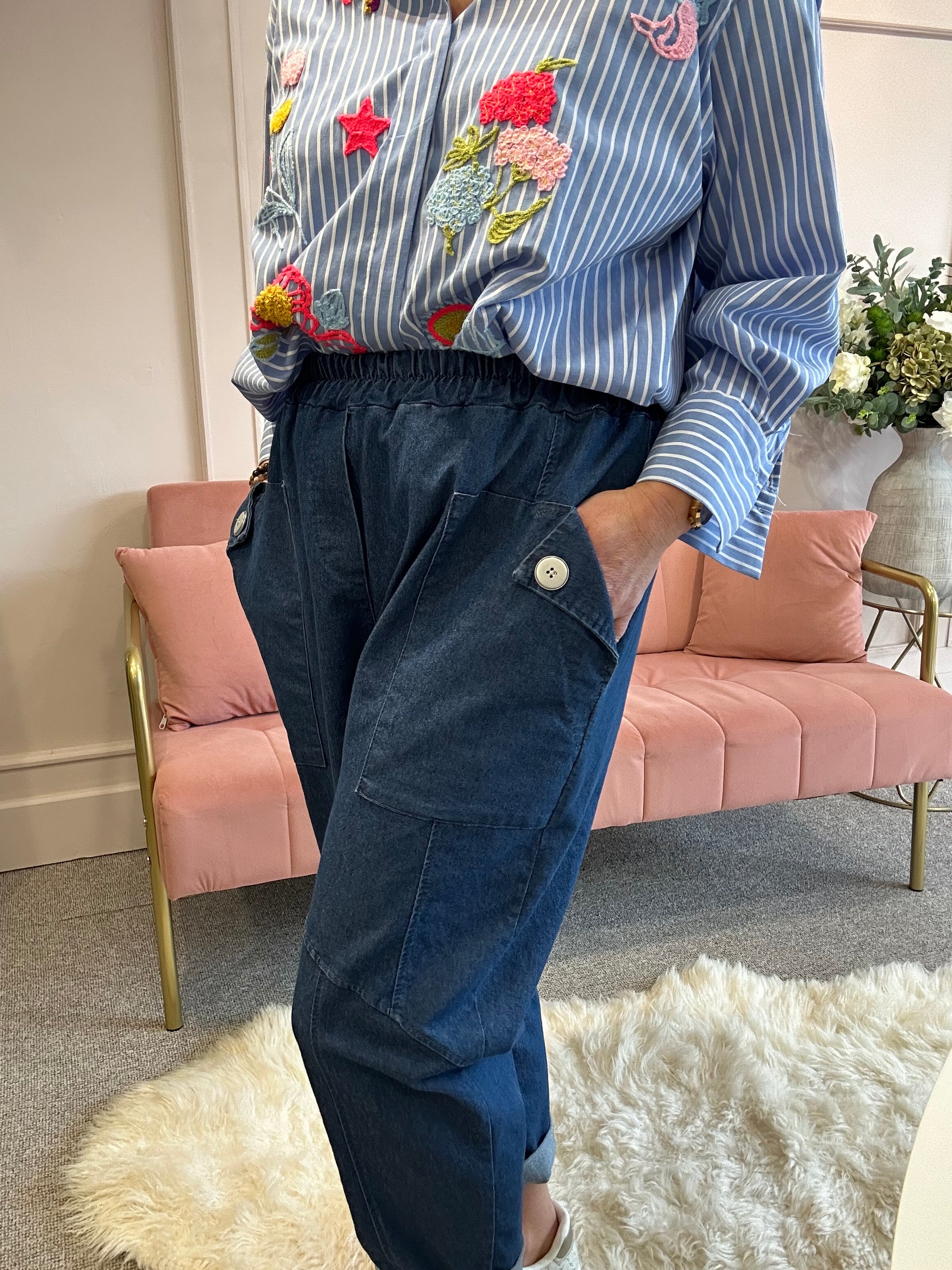 Baggy Button Denim Pant - Mid Blue - Wardrobe By Simone