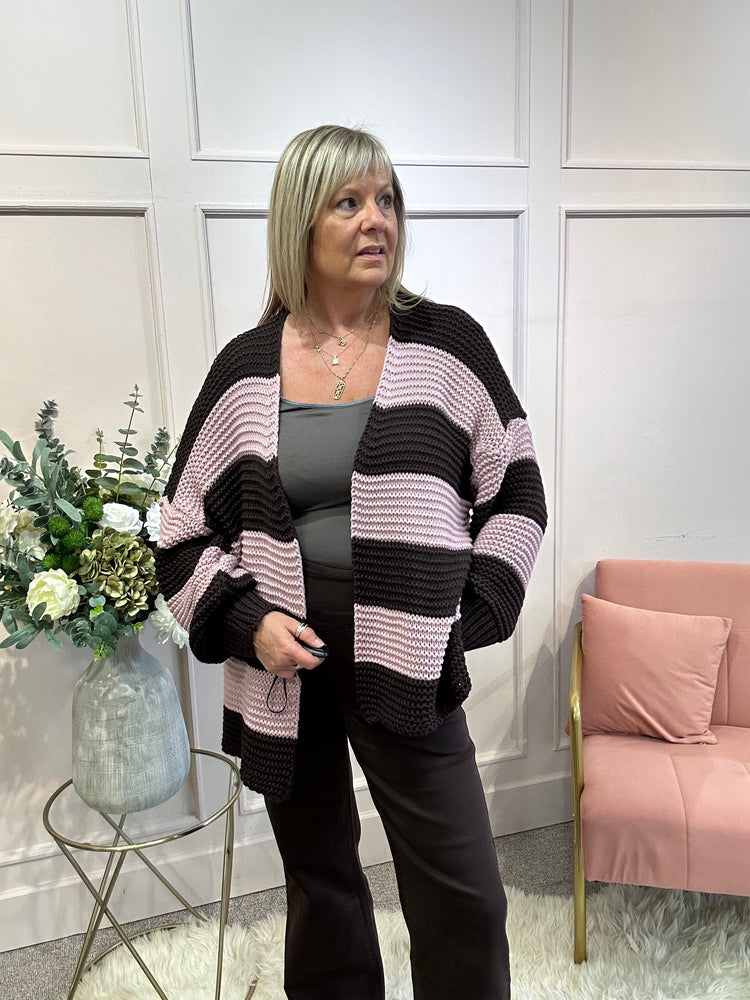 Chunky Knit Striped Cardigan - Pink/Brown