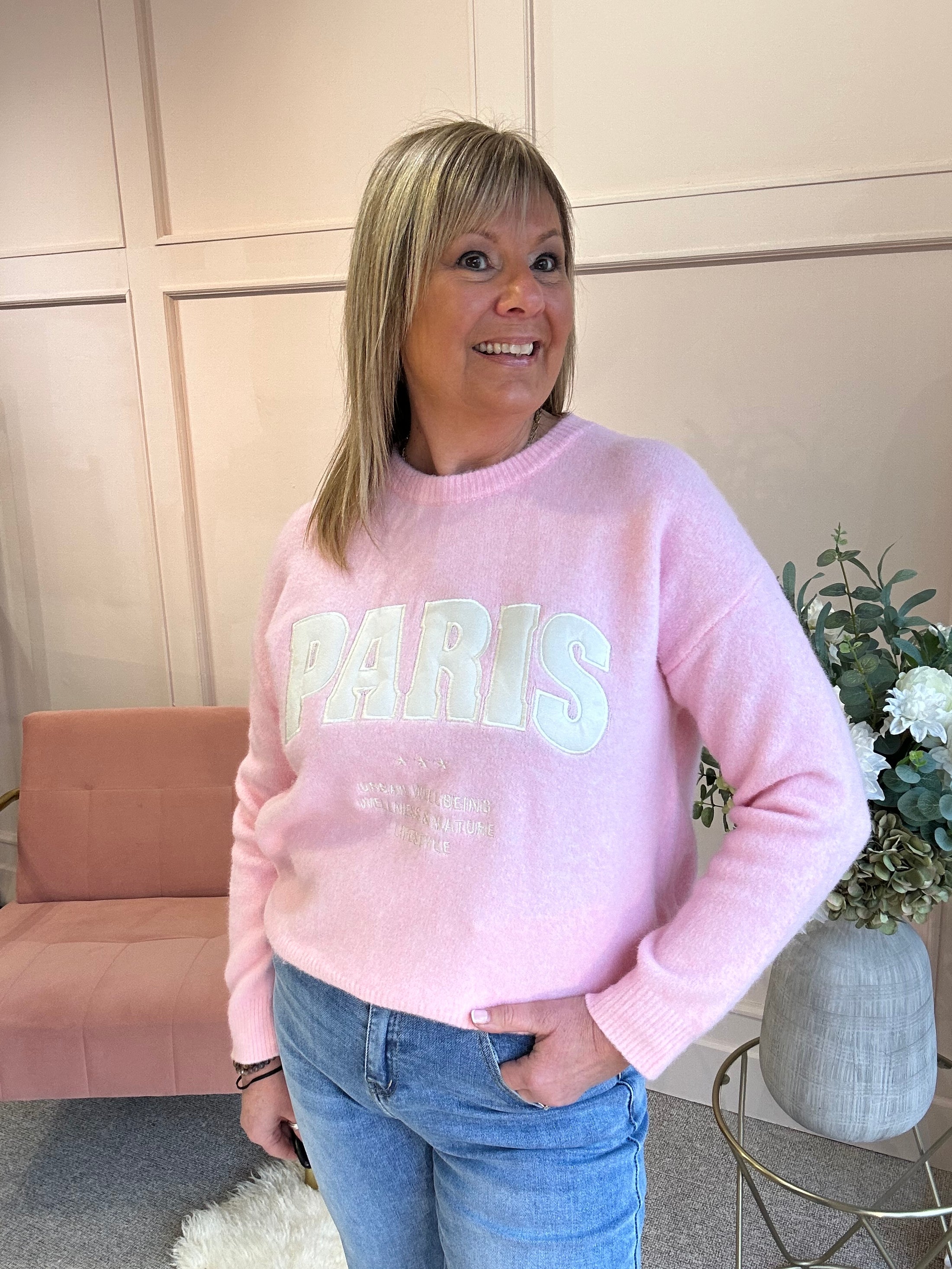 Embossed Paris Jumper - Pink