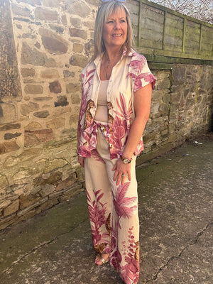 Cheetah & Palm Print Shirt - Cream/Pink