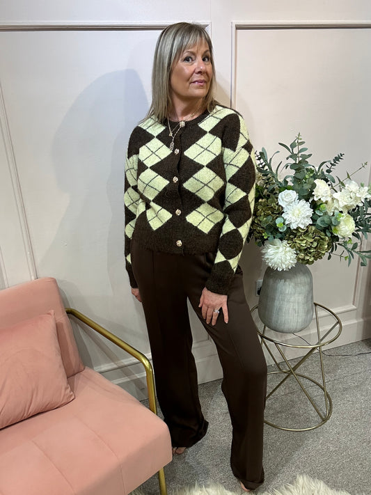 Diamond Pattern Cardigan - Brown/Yellow