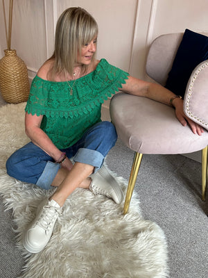 Bardot Lace Effect Top  - Emerald Green