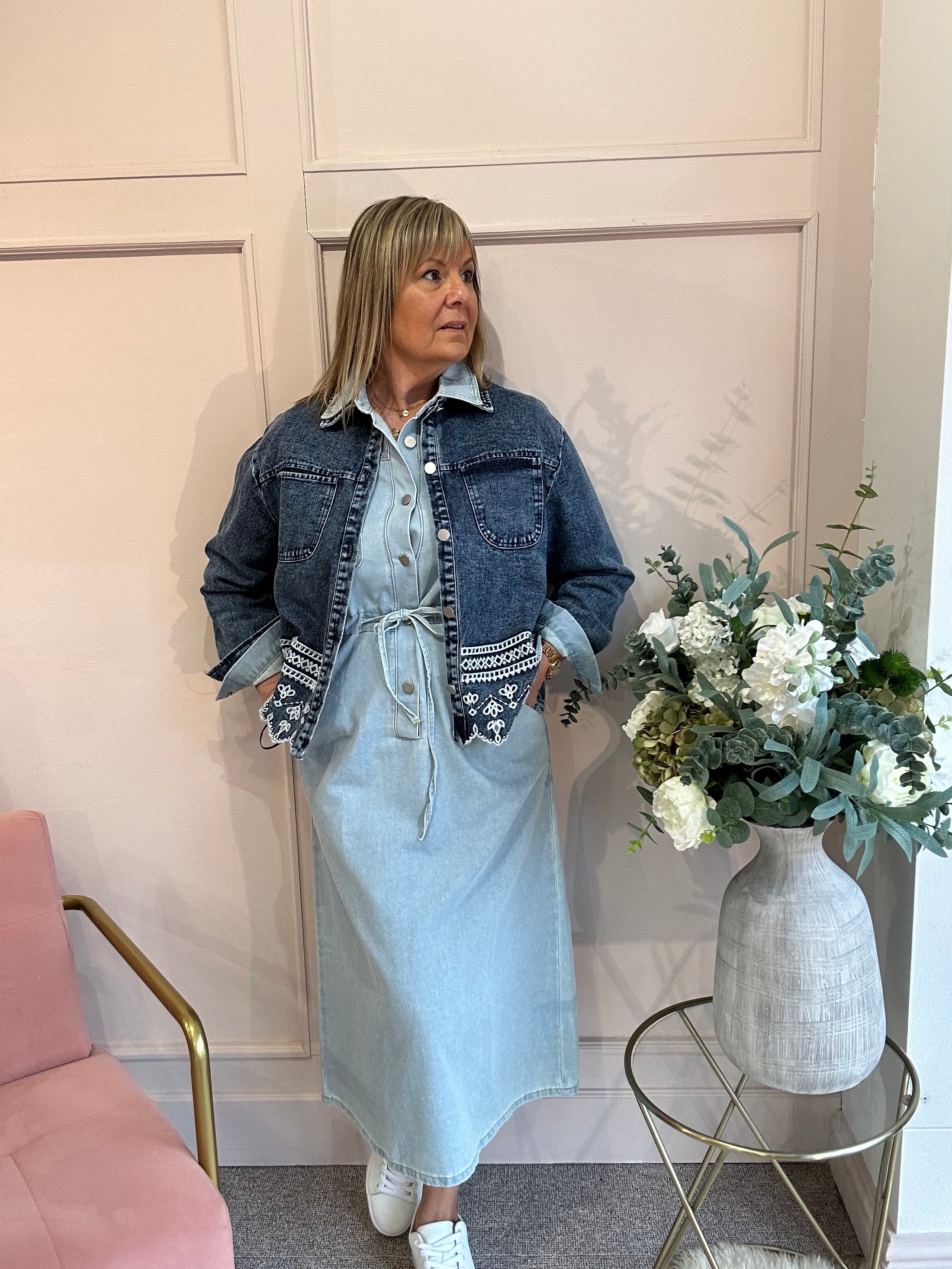 Embroidered Denim Jacket - Denim Blue - Wardrobe By Simone