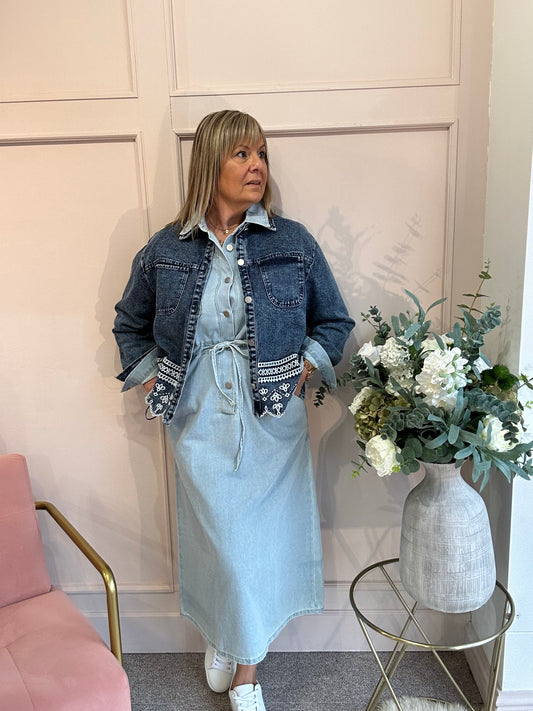Embroidered Denim Jacket - Denim Blue - Wardrobe By Simone