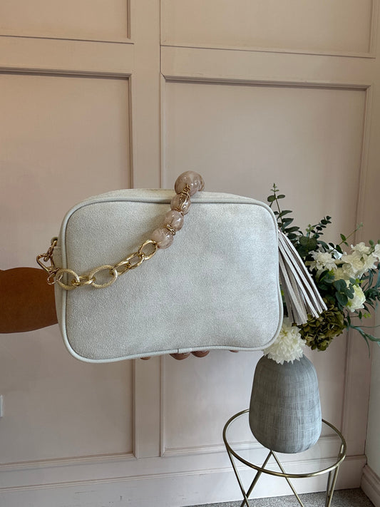 Cross Body With Chain & Bead Bag - Cream - Wardrobe By Simone