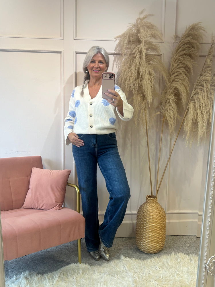 Buttoned Flowered Cardigan - Cream/ Powder Blue