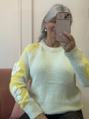 Beaded Flower Detail Jumper - Cream/Yellow