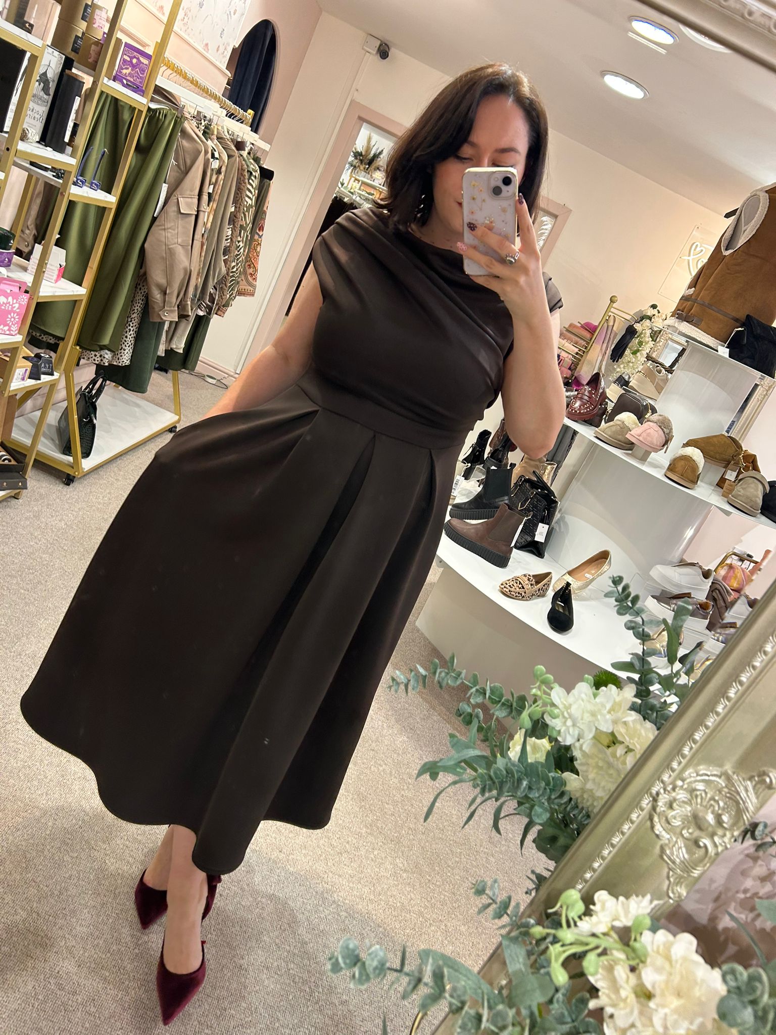 Asymmetric Neckline Skater Dress - Brown