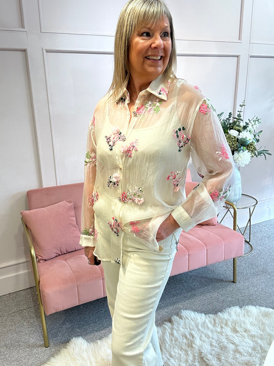 Embroidered Floral & Sparkle Shirt  - Soft Beige - Wardrobe By Simone