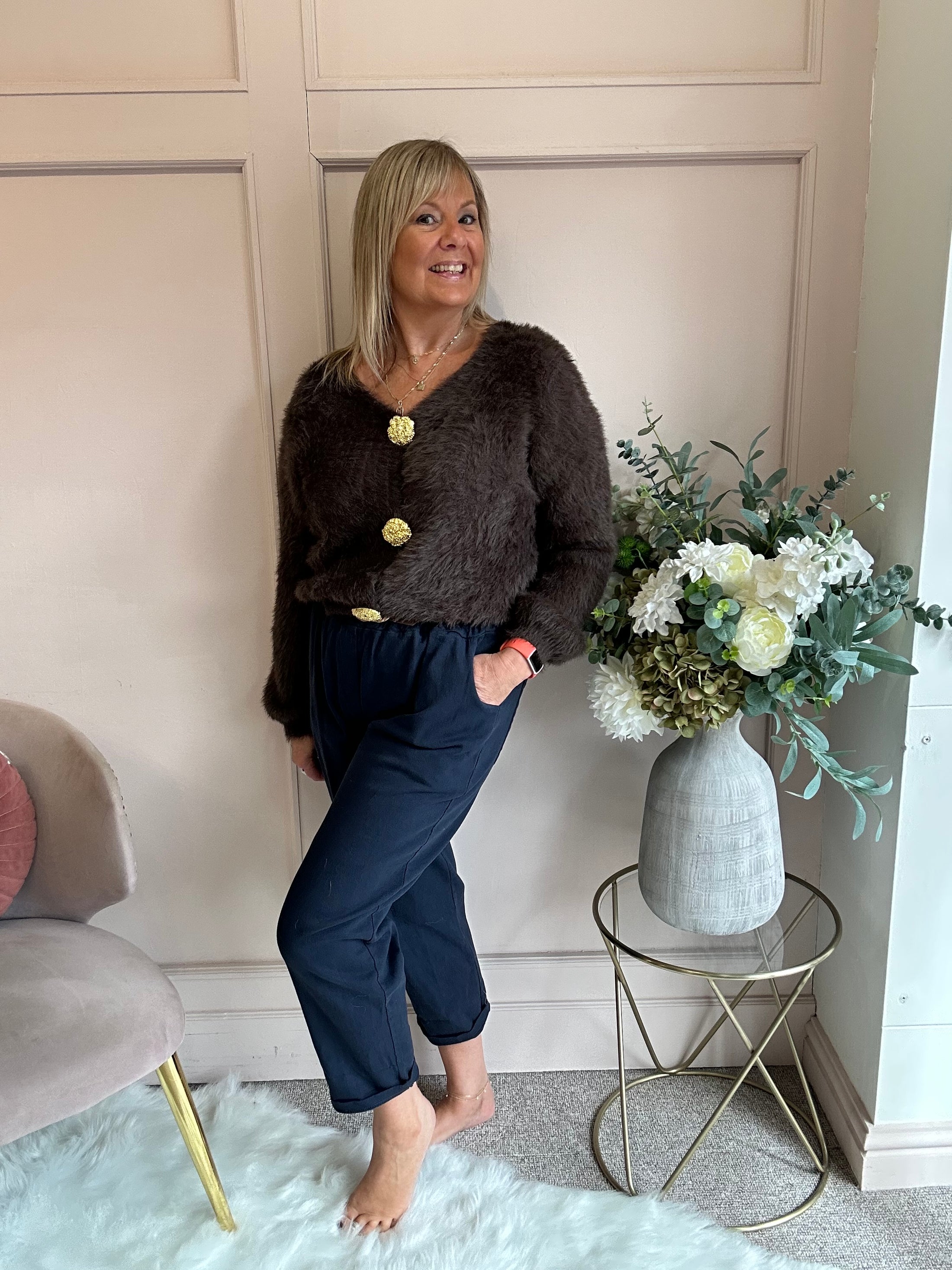 Fluffy Gold Button Cardigan - Chocolate