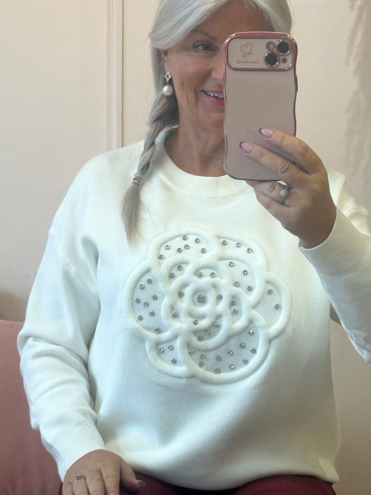 Flower & Silver Gems Jumper - Cream