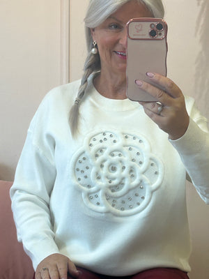 Flower & Silver Gems Jumper - Cream