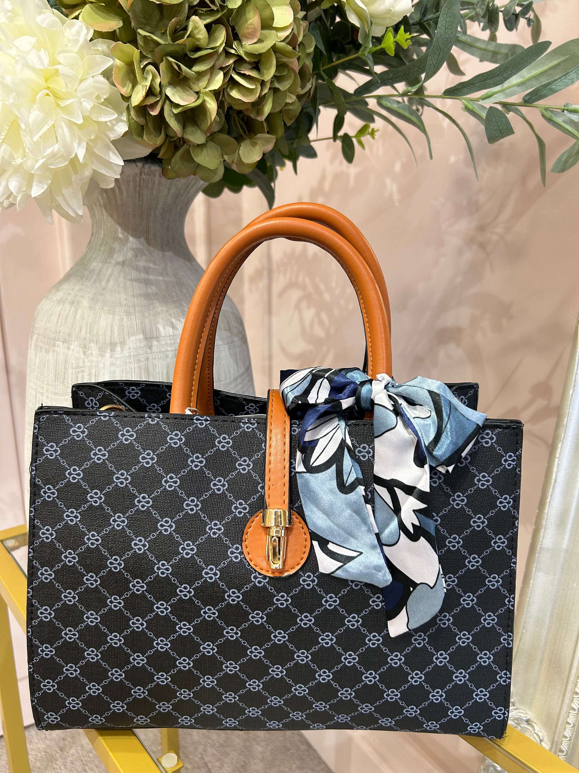 Structured Patterned Bag - Blue/Tan - Wardrobe By Simone