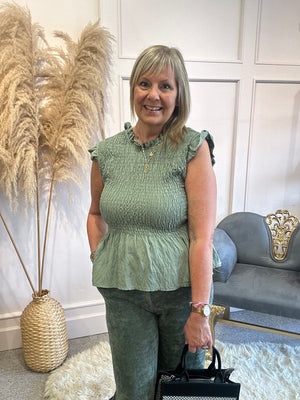 Ruched Bodice Peplum Top - Khaki - Wardrobe By Simone