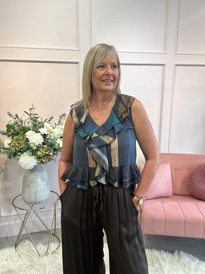 Bold Stripe Frill Edge Top - Blue/Brown - Wardrobe By Simone