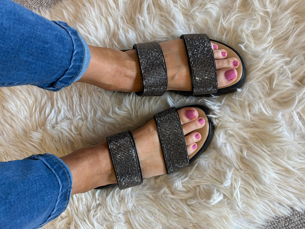 Sparkle Cross Band Sandal - Black