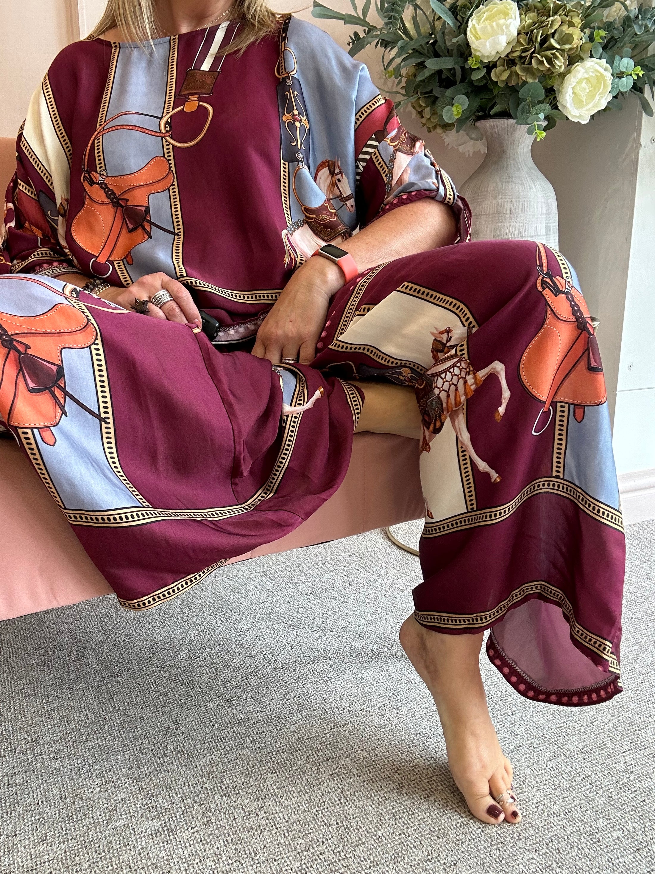 Horse & Bridle Silk Wide Pant - Burgundy/Blue - Wardrobe By Simone