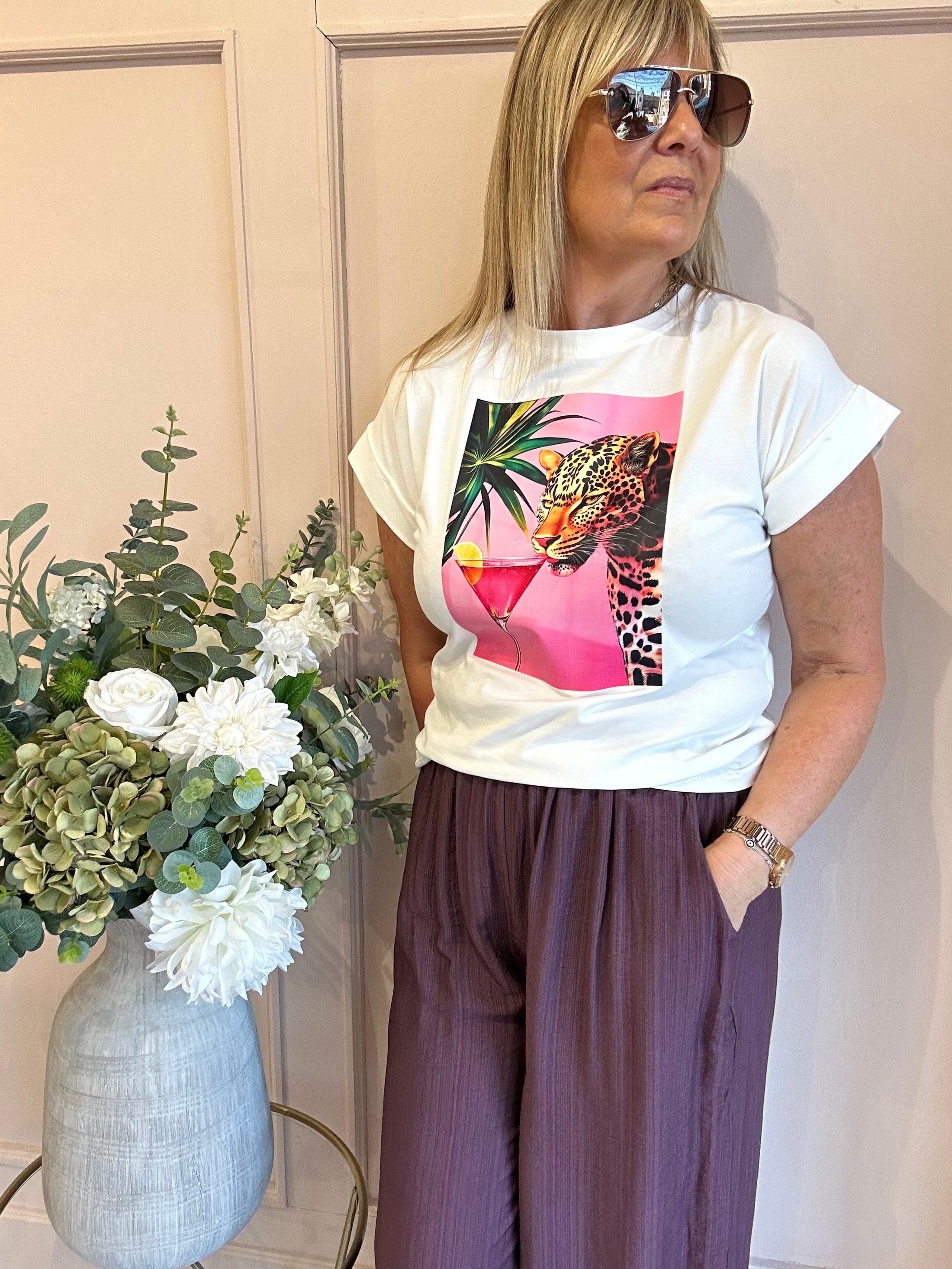 Leopard & Cocktail T Shirt  - White