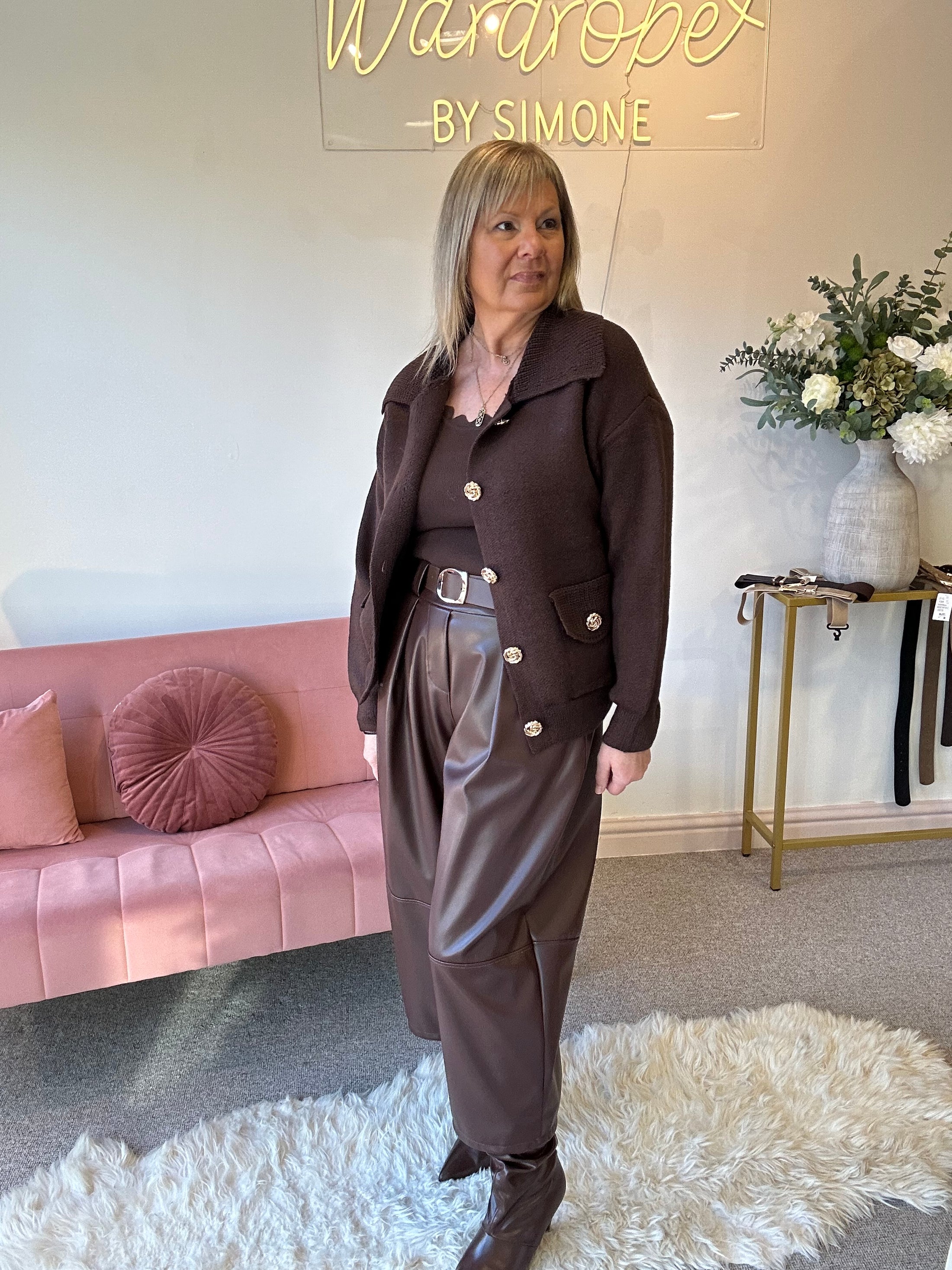 Gold Button Cardi Jacket -  Brown