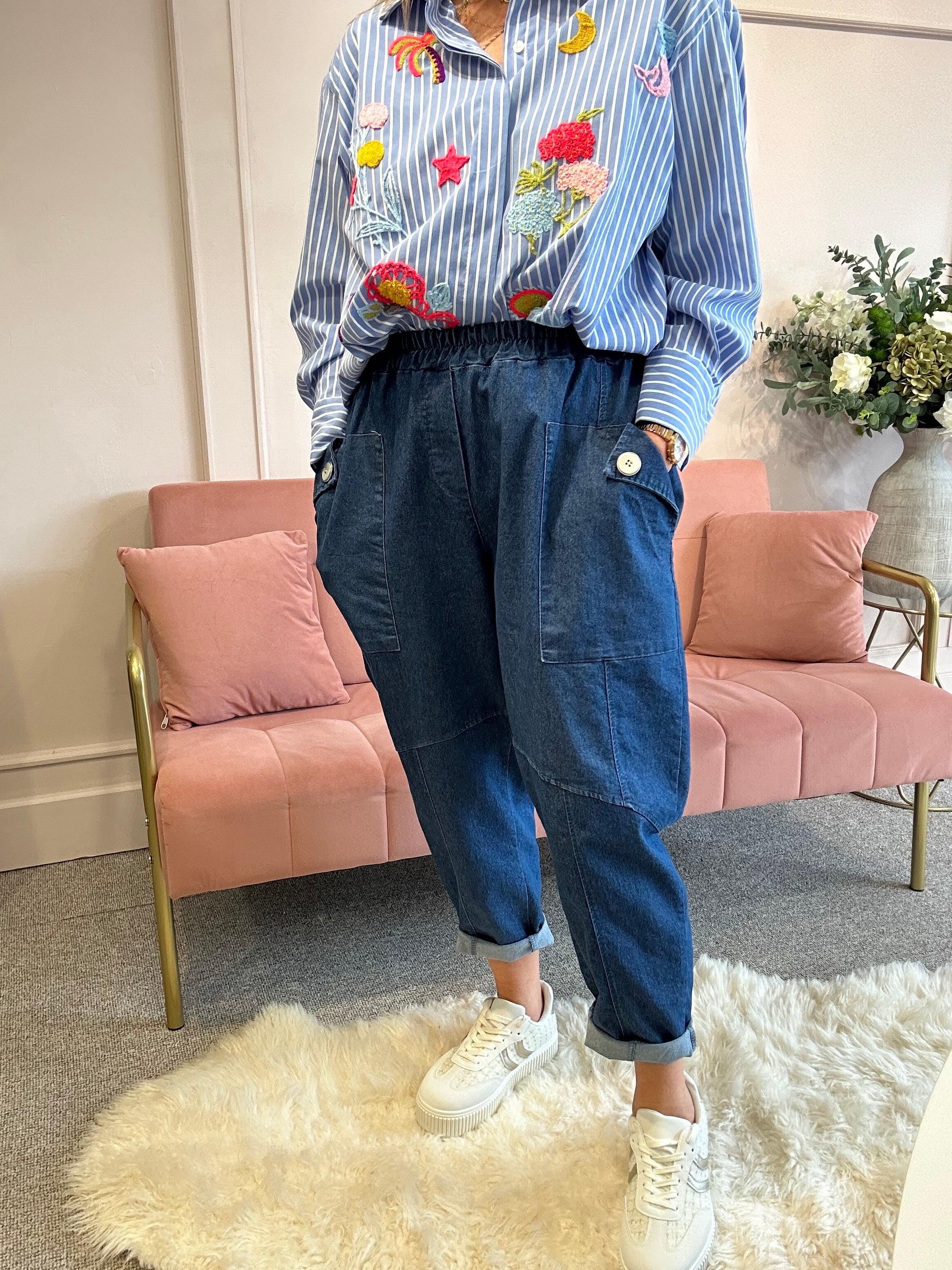 Baggy Button Denim Pant - Mid Blue - Wardrobe By Simone