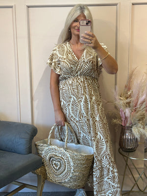 Summer Leaf Maxi Dress - Coffee/Cream
