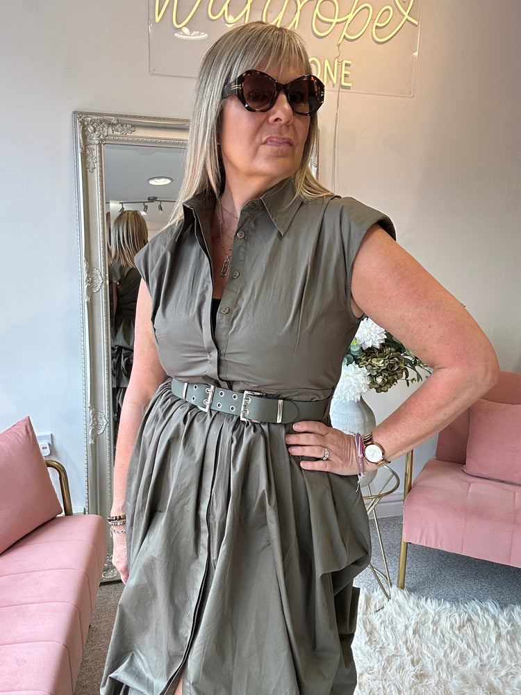 Quirky Belted Ruched Skirt Dress - Khaki