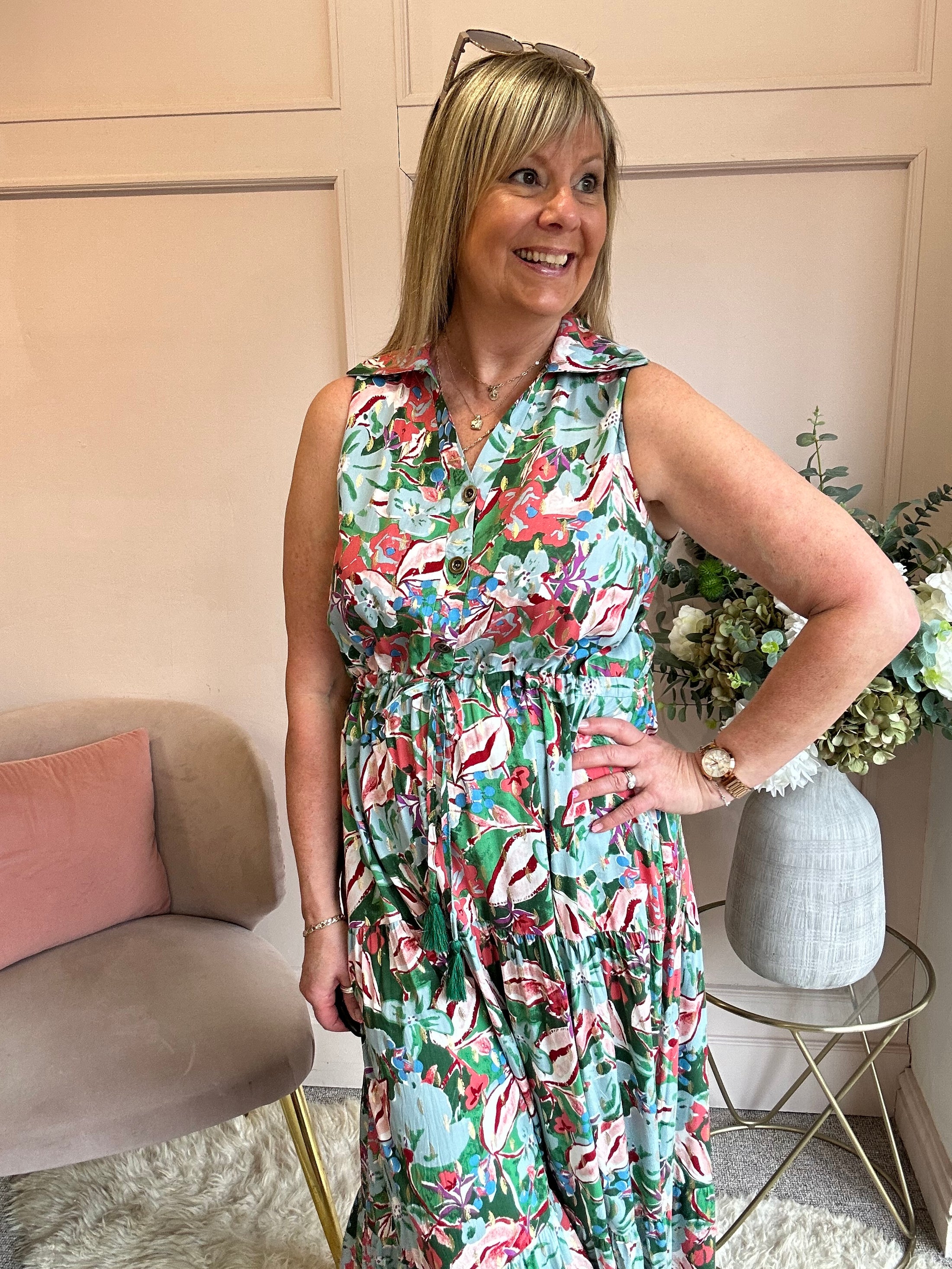 Meadow Garden Maxi Dress - Green/Coral - Wardrobe By Simone
