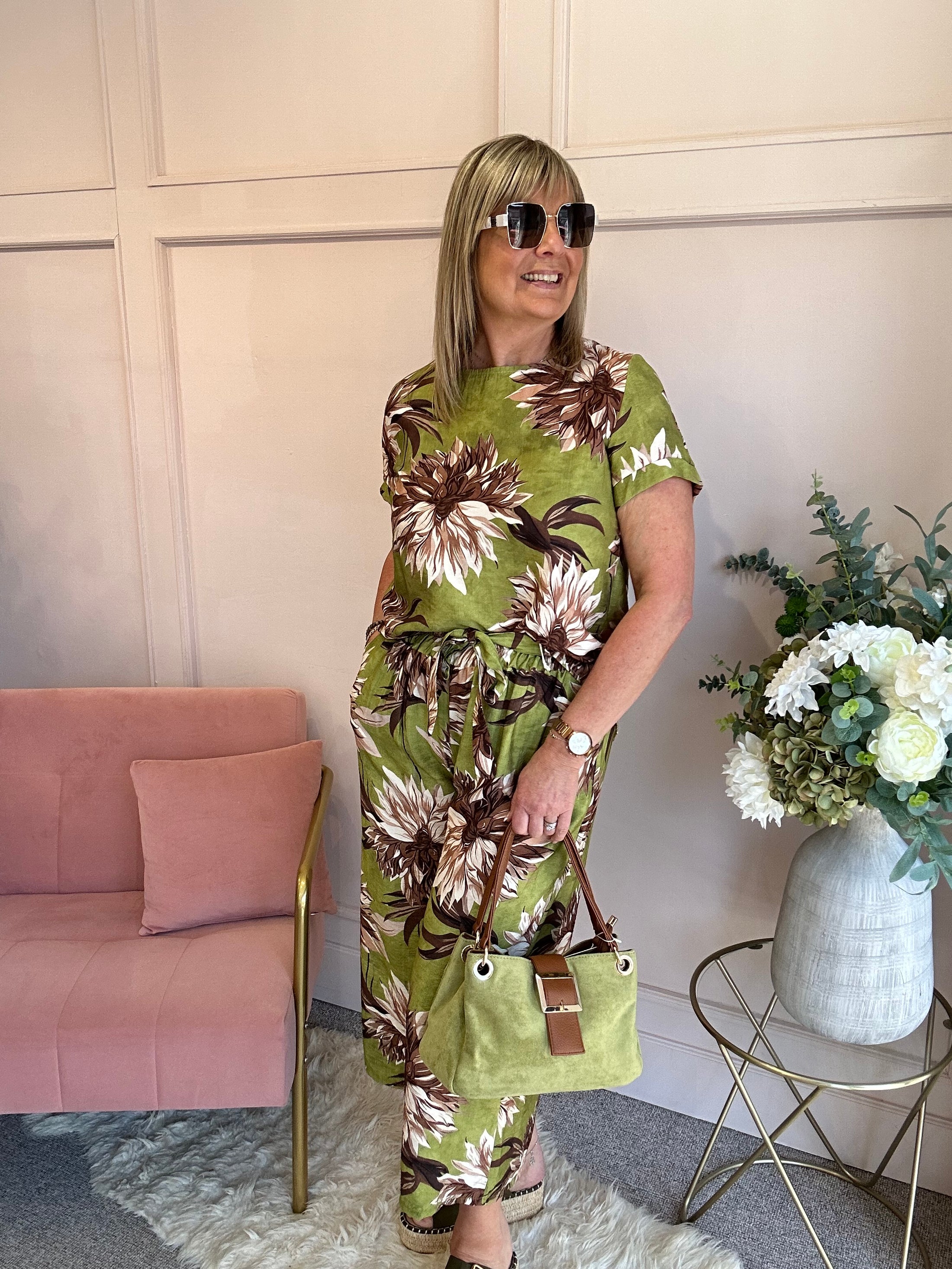Tropical Top & Crop Pant Set - Olive Green/Brown - Wardrobe By Simone