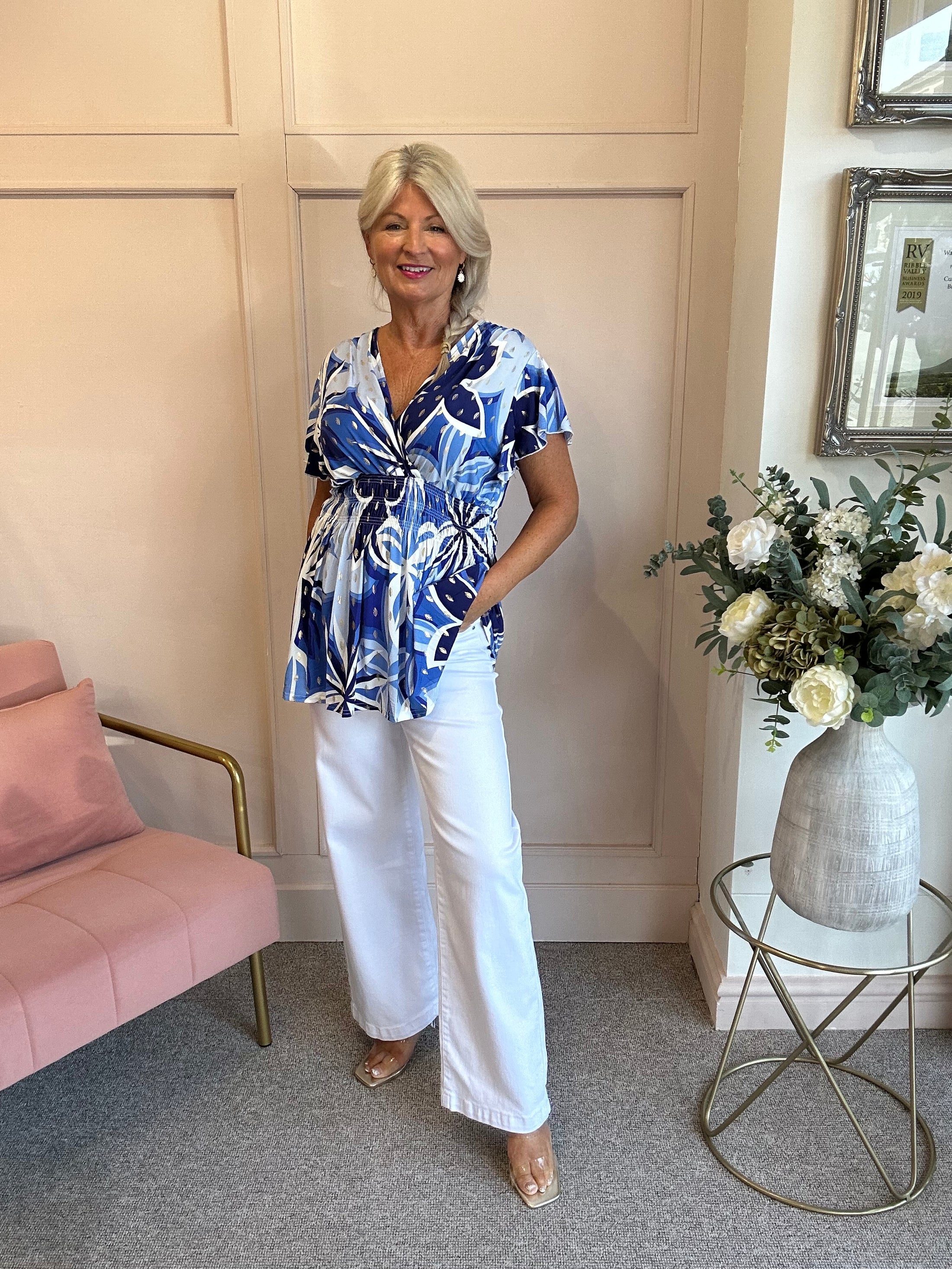 Slinky Cross Over Long Top  - Blue/White - Wardrobe By Simone