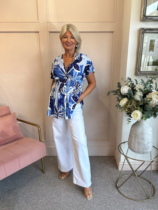 Slinky Cross Over Long Top  - Blue/White - Wardrobe By Simone