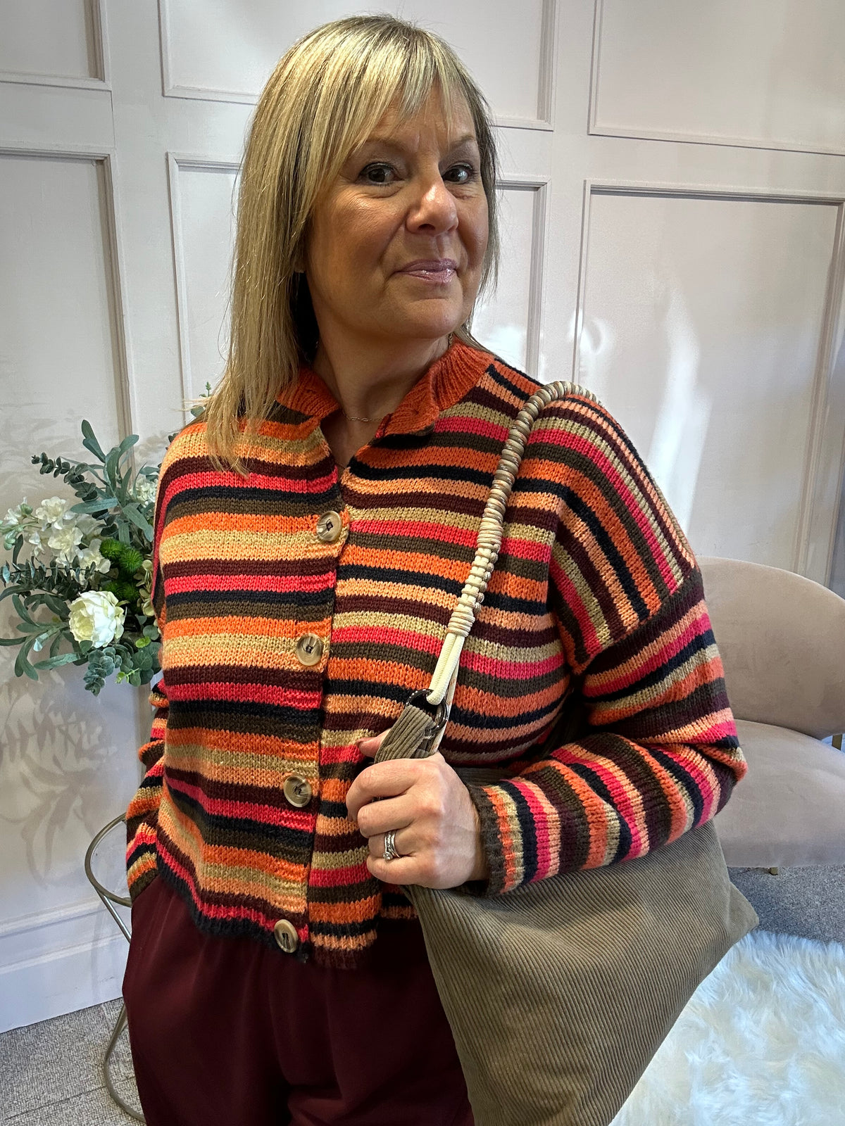 Striped Knit Cardigan - Burnt Orange/Brown