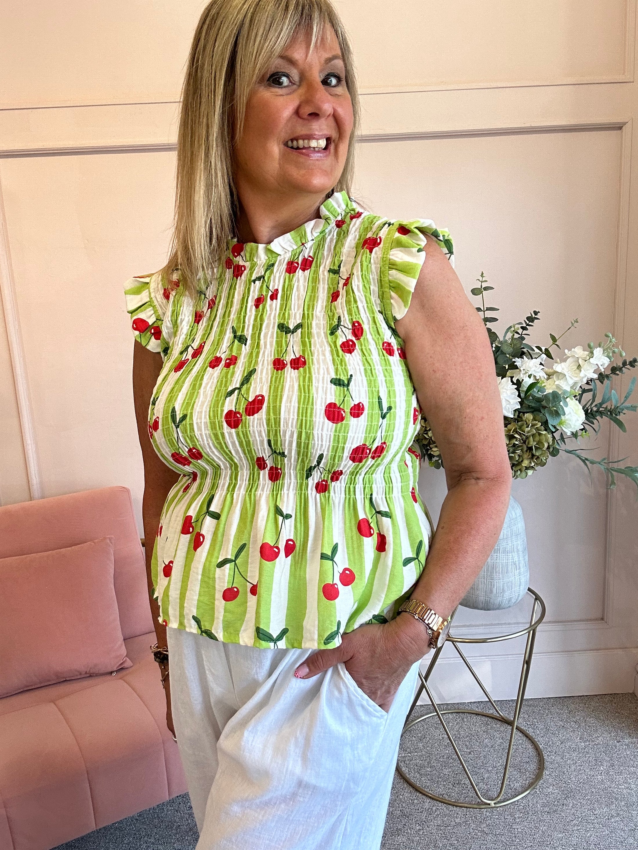 Cute Cherry Peplum Top  - Cherry/Lime