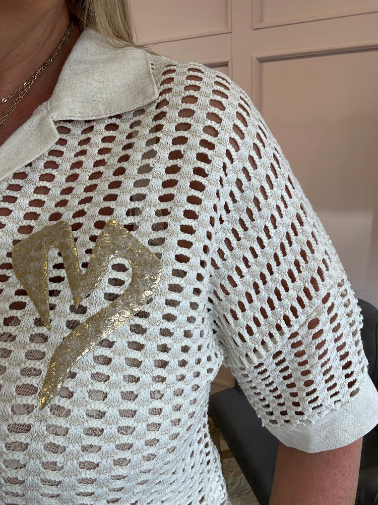 Gold Heart Collared Mesh Top - Cream/Gold - Wardrobe By Simone