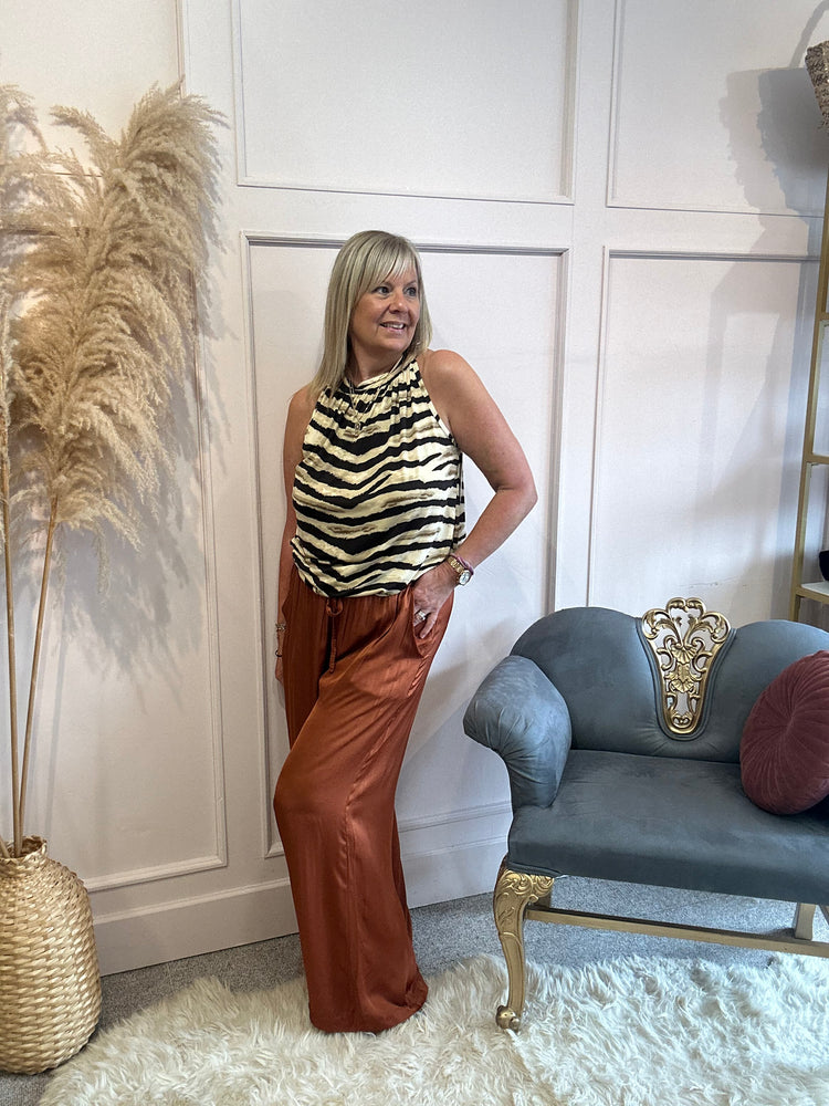 Zebra Sleeveless Tie Neck top - Brown Mix - Wardrobe By Simone